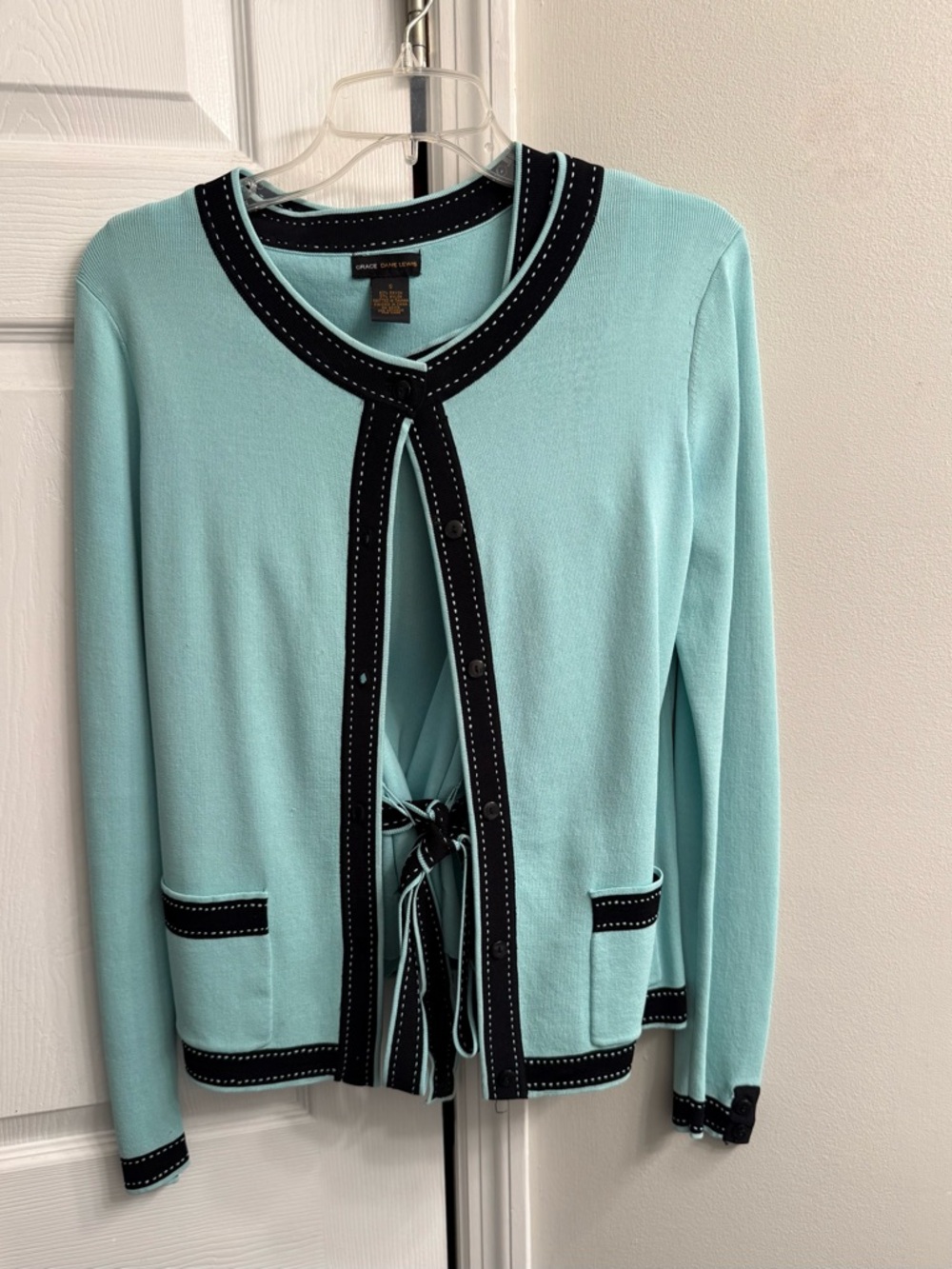 Classic Aqua Contrast-Trim Cardigan Set with Front Tie